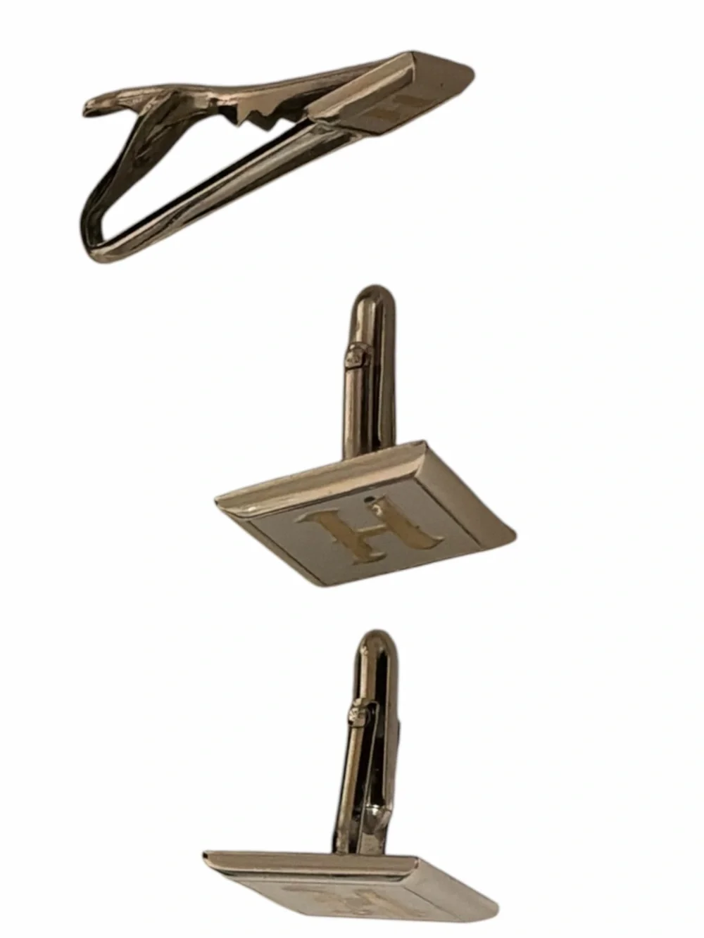 Vintage Swank H Monogram Cufflinks and Tie Bar Set Silver Classic Mid Century